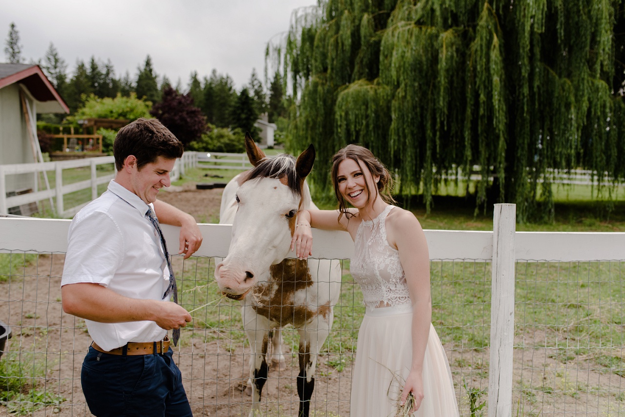 Lake Country Farm Wedding, Bride and groom with horse 