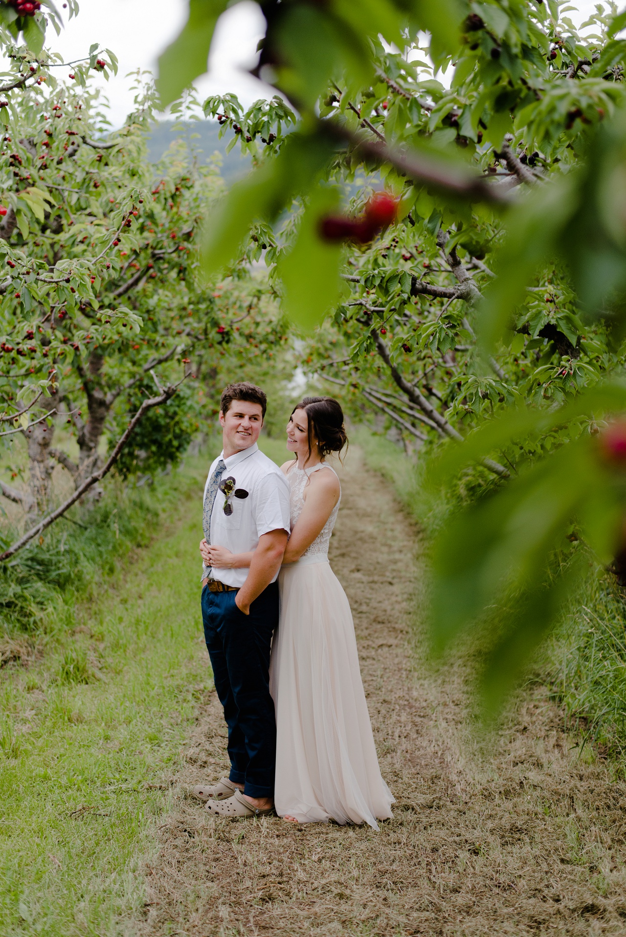 Bride and groom in the cherry orchard at Sproule and Sons Farm, Lake Country