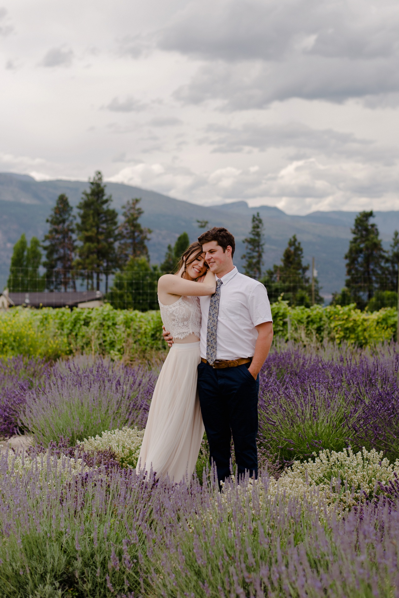 Bride and groom photos in lavender field, Lake Country wedding