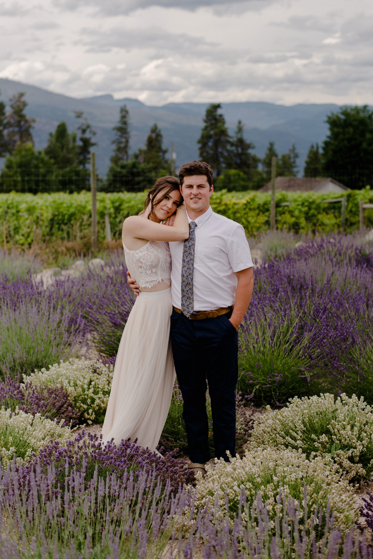 Bride and groom photos in lavender field, Lake Country wedding
