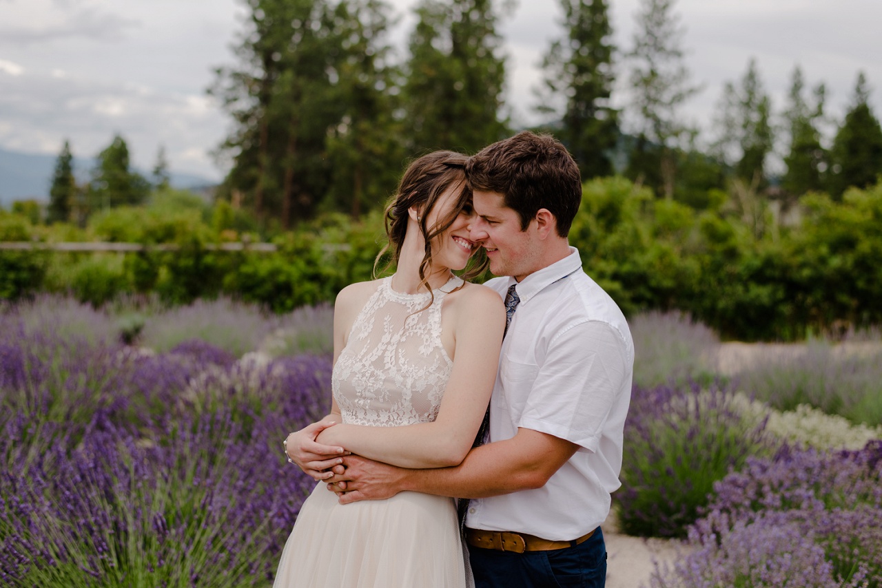 Bride and groom photos in lavender field, Lake Country wedding