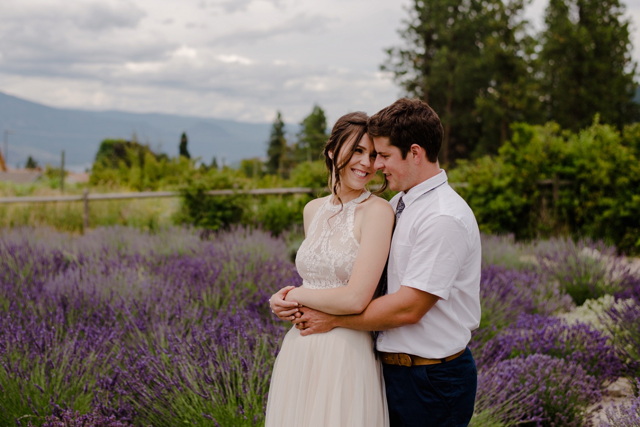 Bride and groom photos in lavender field, Lake Country wedding